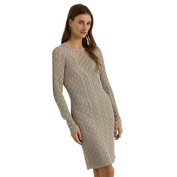 Lauren Ralph Lauren Metallic Linen Blend Crochet Sweater Dress XL Pewter NWT - Picture 1 of 14
